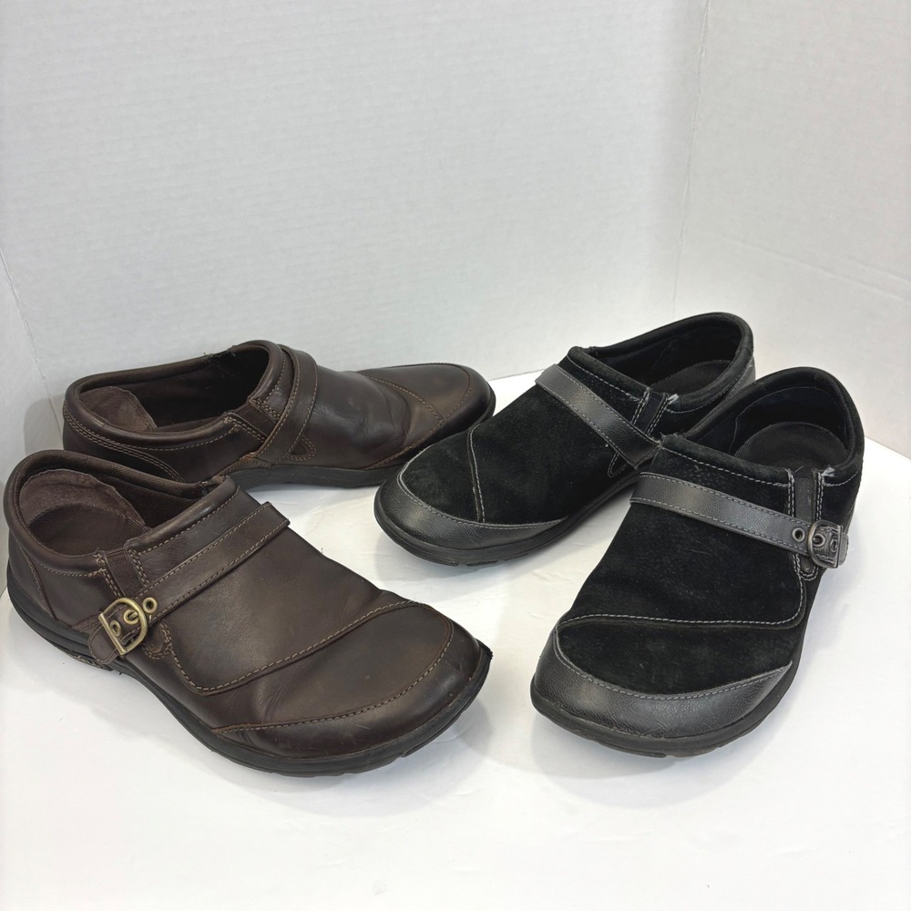 Lot of 2 Merrell Loafers Women 11 Brown Black Leather Suede Buckle Slip On Shoes